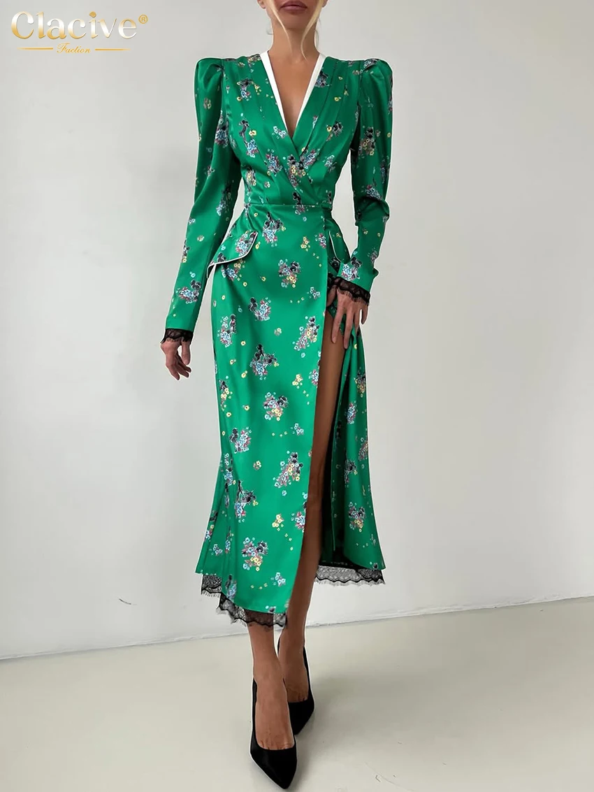 

Clacive Fashion Slim Print Women's Dress 2026 Sexy V-Neck Long Sleeve Midi Dresses Elegant Classic High Waist Slit Female Dress