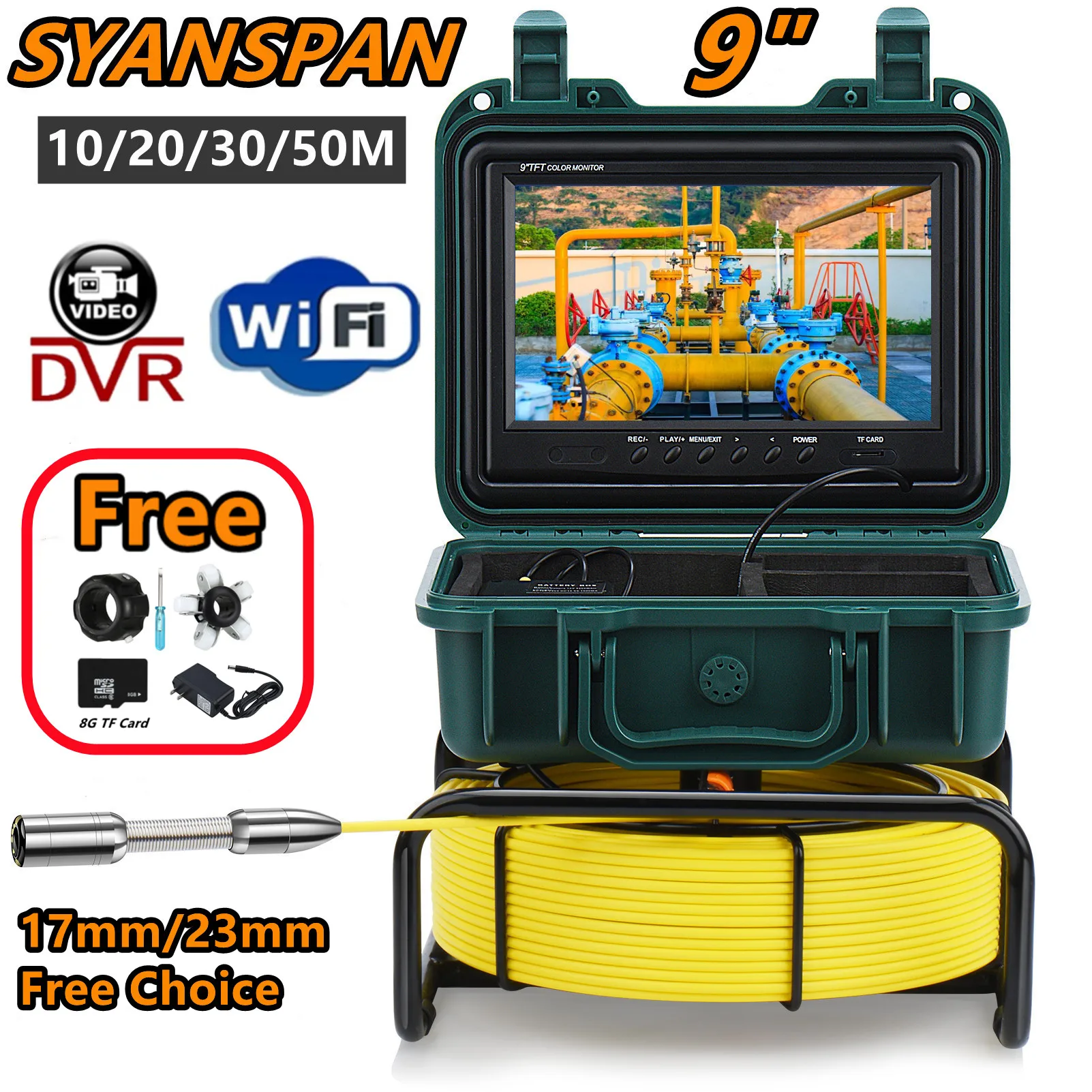 

9" HD Screen DVR/WiFi 8GB Card IP68 20/30/50M SYANSPAN Pipe Inspection Camera 23mm Drain Sewer Pipeline Industrial Endoscope