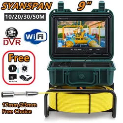 SYANSPAN-Cámara de inspección de tuberías, endoscopio Industrial con pantalla HD de 9 pulgadas, DVR/WiFi, tarjeta de 8GB, IP68, 20/30/50M, 23mm