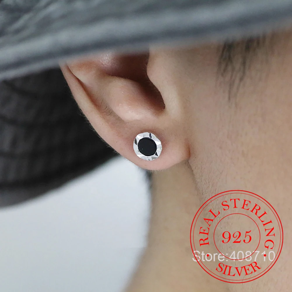 

925 Sterling Silver Jewelry Simple Black Circle Stud Earrings for Women Wedding Party Jewelry For Girls Friend Gift
