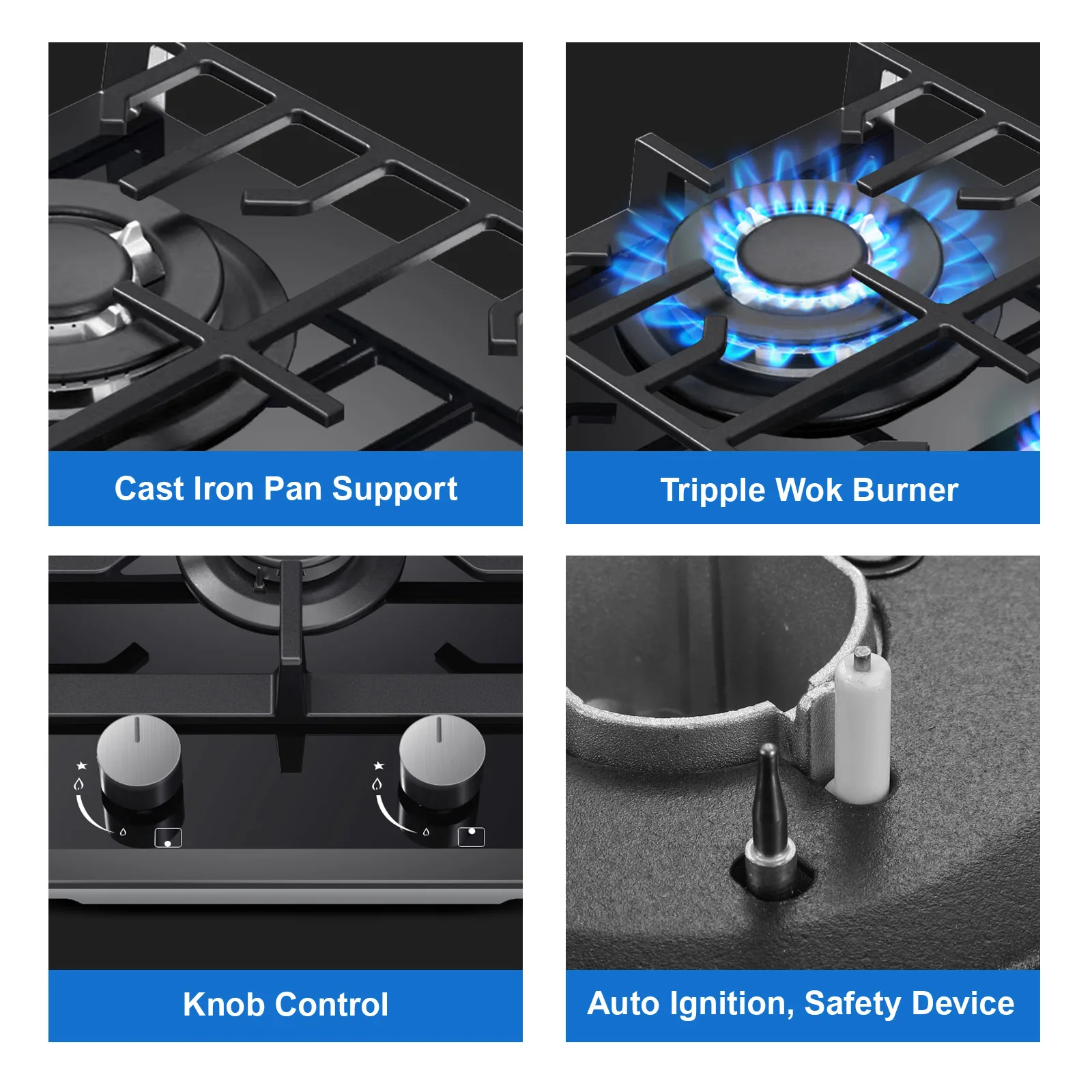 موقد غاز 2 شعلة معتمد من الاتحاد الأوروبي، زجاج مقسى مقاس 30 سم | رف حديد مصبوب مدمج وقود مزدوج (NG/LPG) فشل اللهب بقدرة 5200 وات باللون الأسود #3
