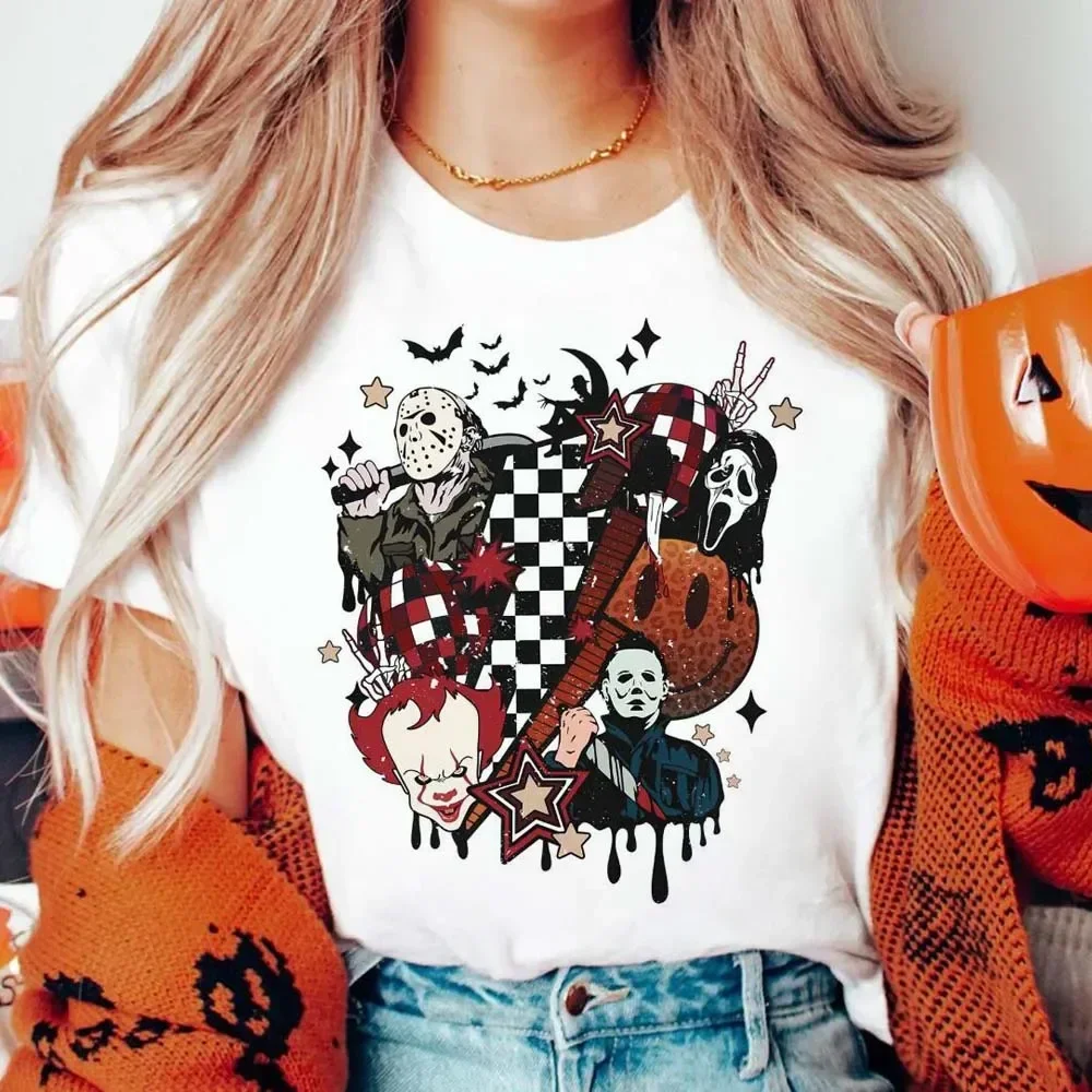 Retro Halloween T-Shirt with Pumpkin Pattern Printed Costume Halloween Summer Basic O-Neck Top Women\'s Fashion Versatile T-Shirt