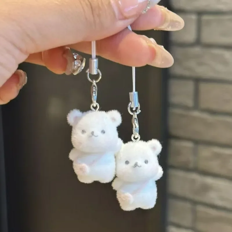 3D Flocking Cute Shoulder Bag Bear Keychain Mini Kawaii Girls Cartoon Animal Plush Resin Pendant for Phone Car Accessories Gift