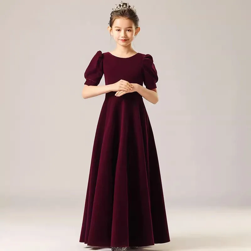 Girls Short Sleeve Party Dress for Piano Performance Pageant Formal Celebration Costume Children Orchestra Concert Recital Gown