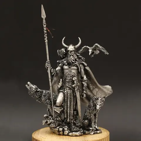 Nordic Mythology One-eyed White Long Whiskers Odin Wearing Helmet Gold Armor Gungnir Tin Metal Magical Soldier Model Figurines