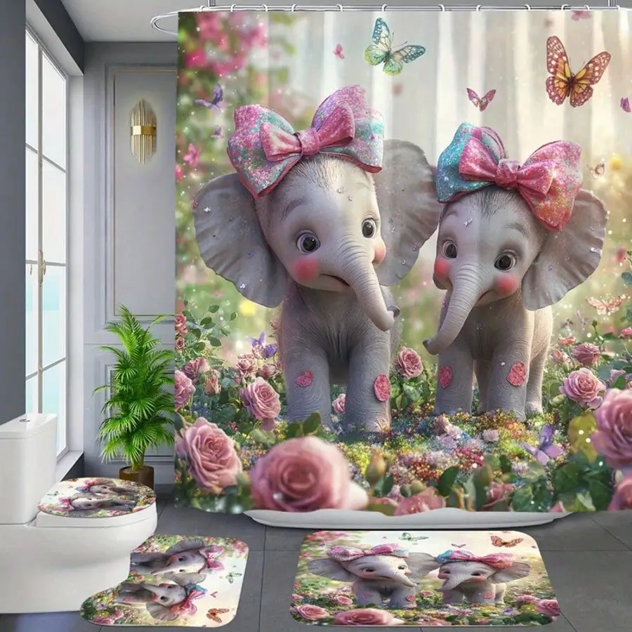 

4-Piece Cute Elephant Print Bathroom Set Including Shower Curtain, Shower Curtain Hooks, Non-Slip Bath Mat, And U-Shaped Toilet