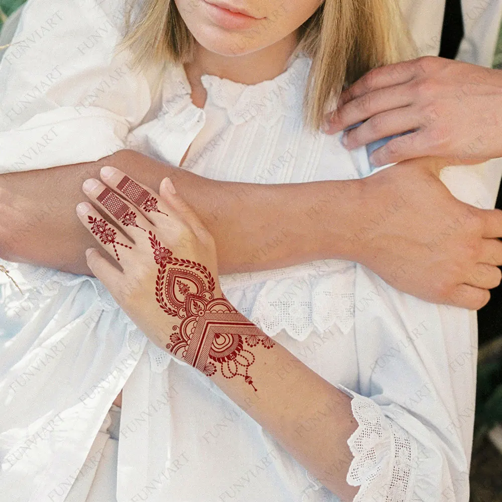 Maroon Henna Tattoo Stickers for Hand Brown Henna Instant Tattoo for Women Body Art Waterproof Temporary Tattoo