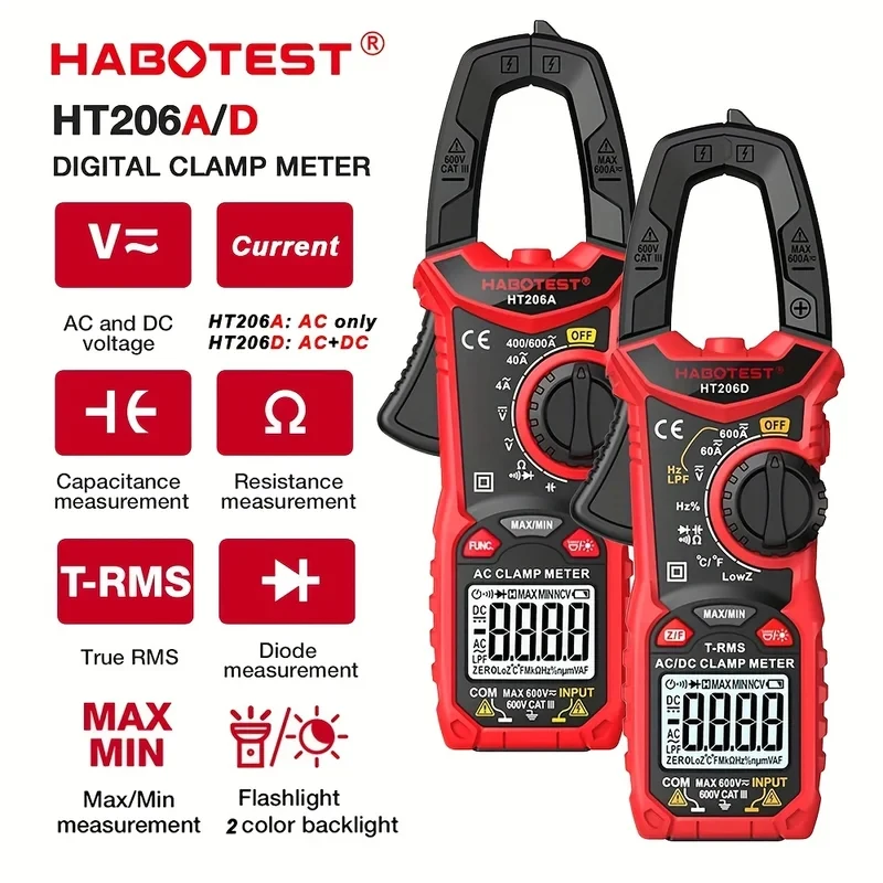 HABOTEST HT206 Clamp Meter 600A Current Pliers Multimeter Digital Ammeter Voltmeter Hz Ohm Capacitance Meter Electrical Tester