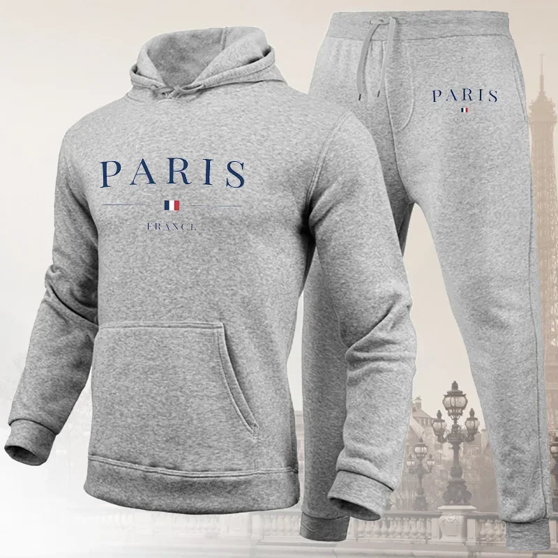 Men's sportswear set, Parisian printed hooded sweatshirt and sweatpants 2-piece set, men's hooded jogging pants set, casual stre