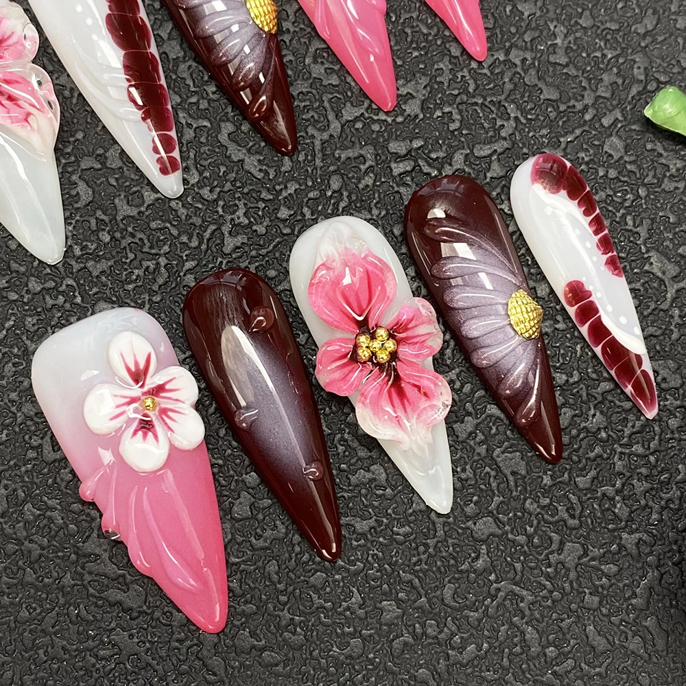 

Luxurious Stiletto Durable Thickness Acrylic Handmade False Nails Short 10PCS Glossy Gel Carved Covered Decoration Nails Set