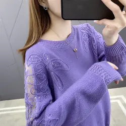 Fashion O-Neck Embroidery Sequined Hollow Out Sweaters Women Clothing 2023 Winter New Oversized Casual Pullovers Commuter Tops