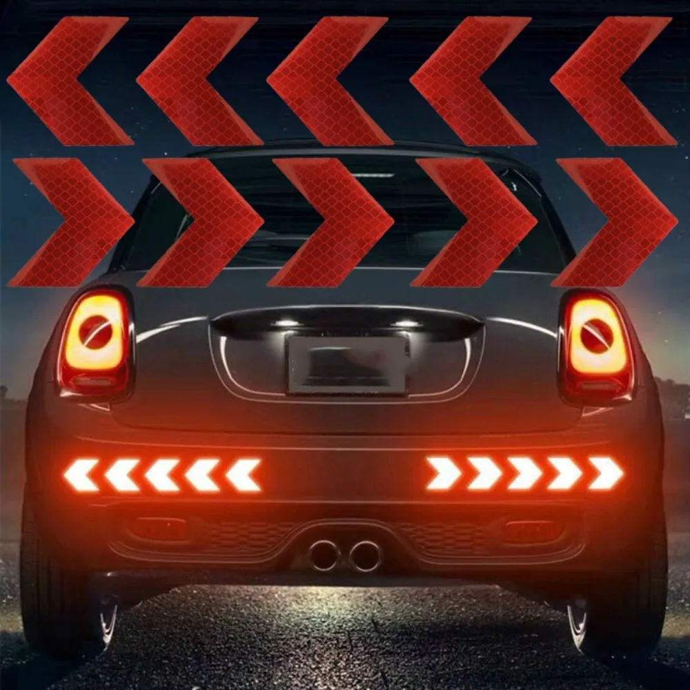 10PCS Car Sticker Reflective Arrow Sign Tape Warning Safety Sticker For Car Bumper Trunk Reflector Hazard Tape Car Styling