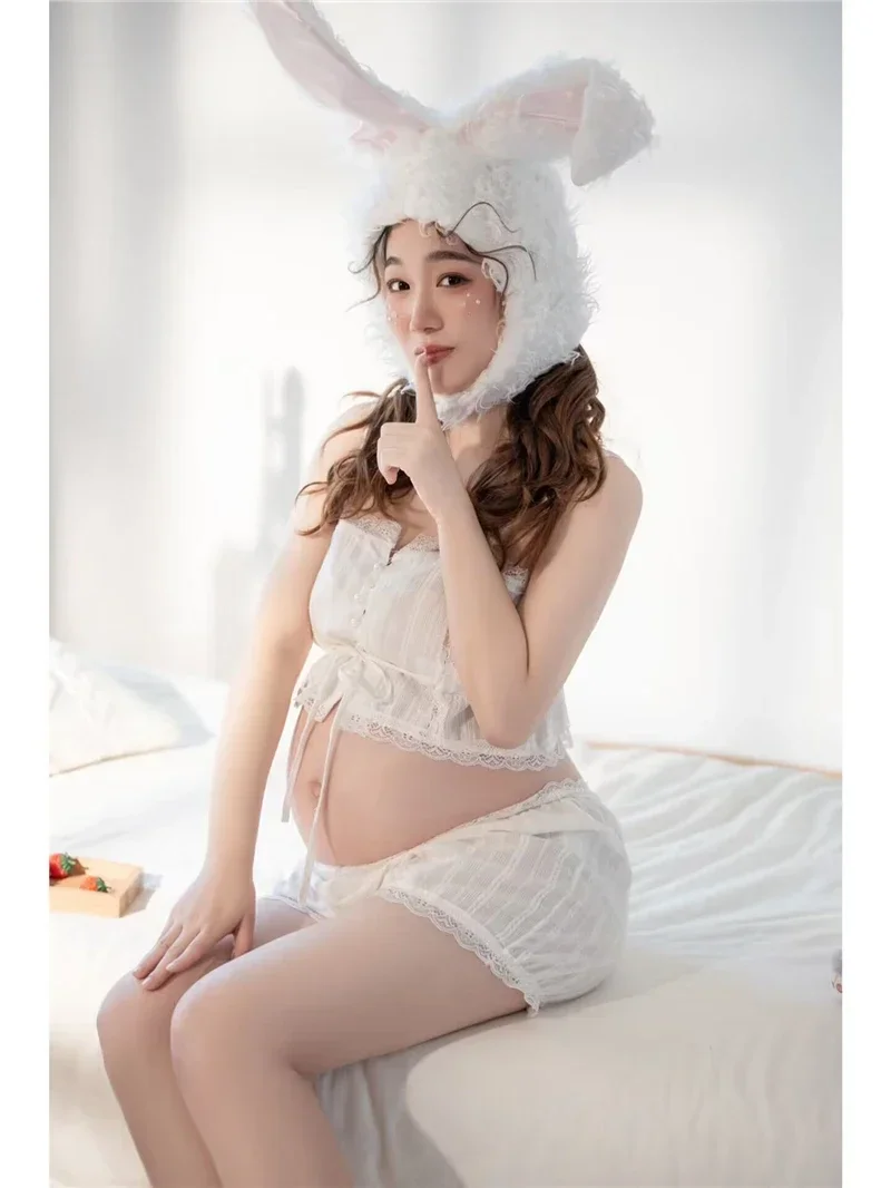 Women Photography Props Maternity Dresses White Bunny Hat Pregnancy Dress Studio Shoot Photoshoot Photo Clothes