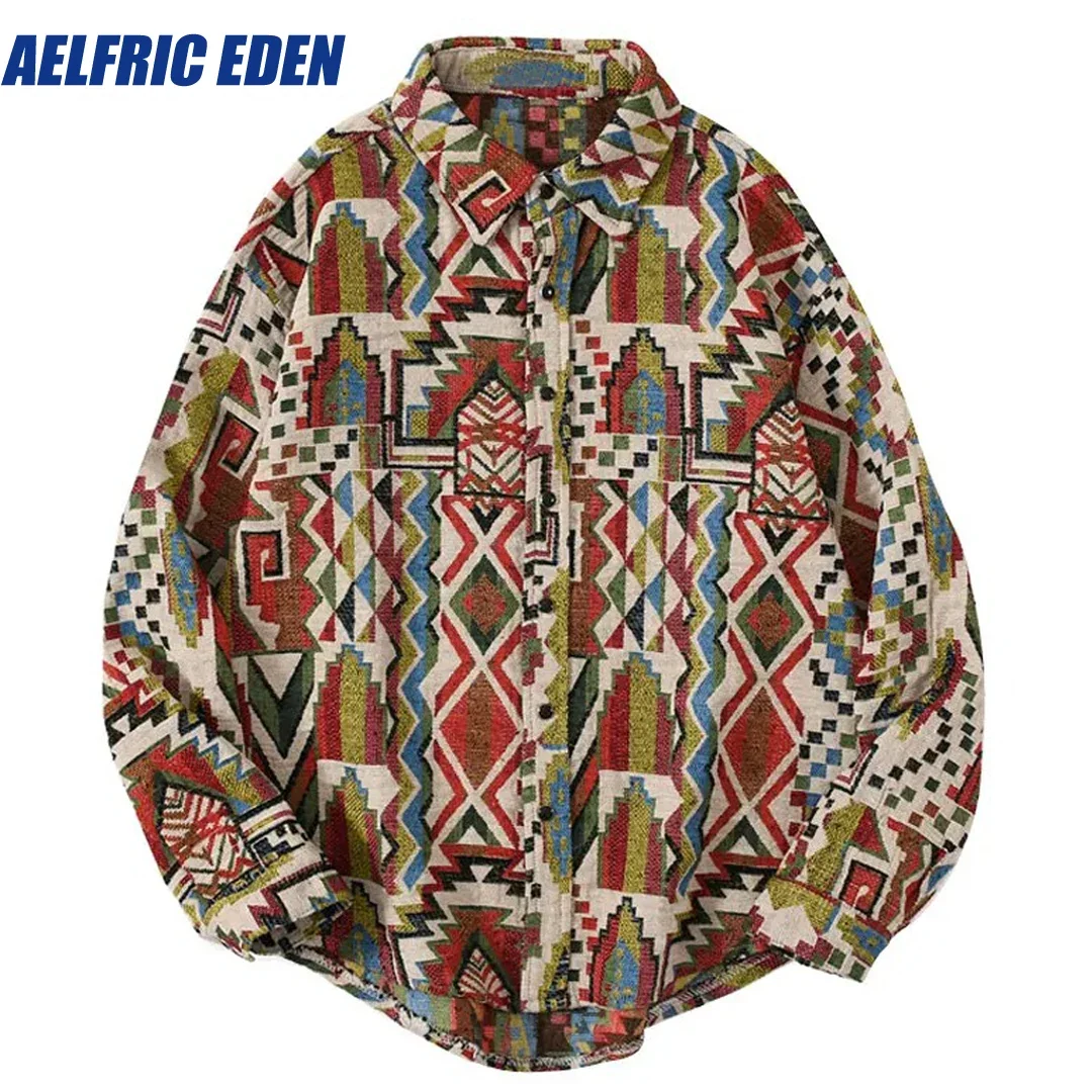 

Aelfric Eden National Style Knitted Geometric Patterns Color Block Button Shirts Harajuku Casual Long Sleeve Tees Top Streetwear