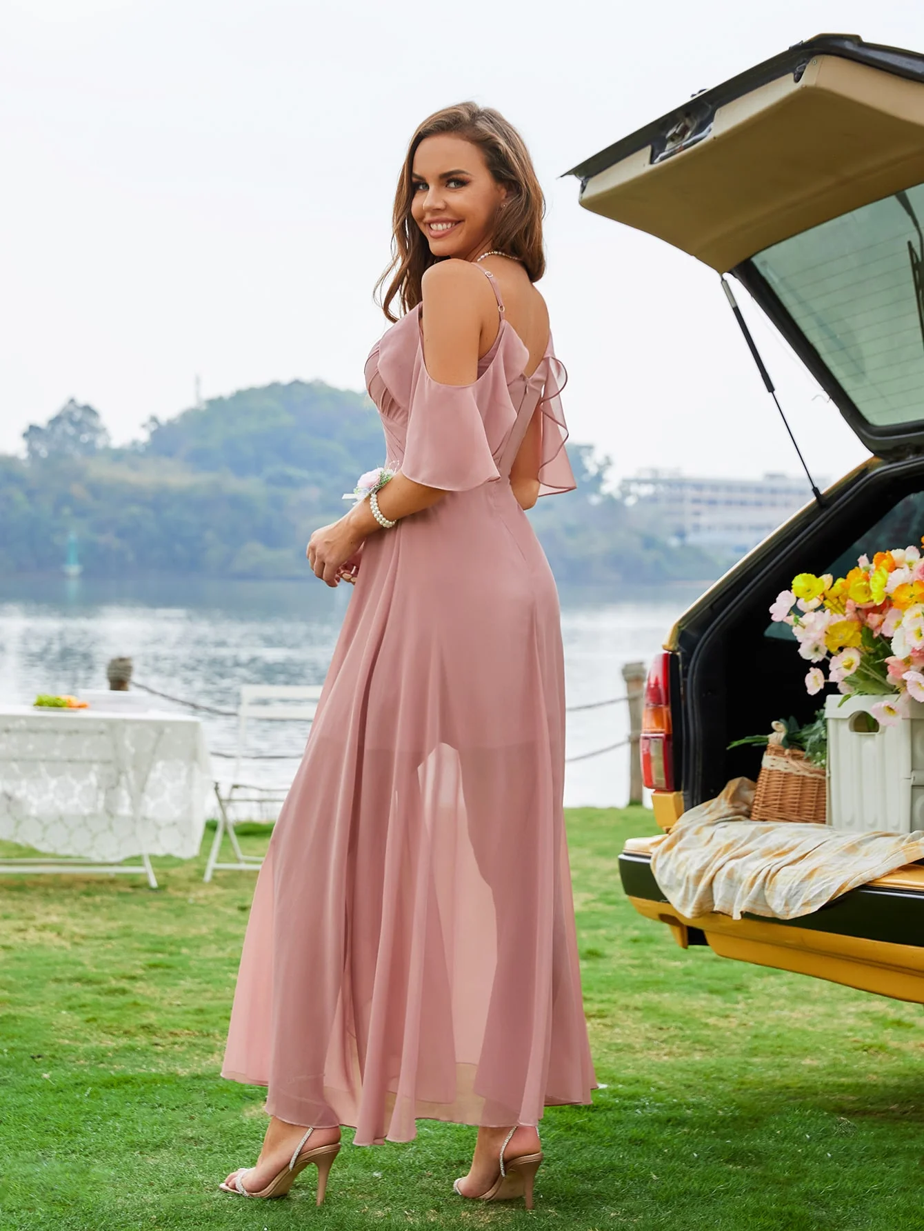 Unithorse Cold Shoulder Ruched Tulip Hem Chiffon Bridesmaid Dress