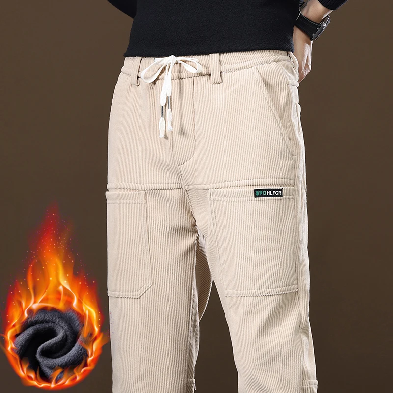 

Plush Men's Fashion Pants Winter Warm Thickened Cargo Pocket Casual Trousers Drawstring Comfortable Plush Sweatpants
