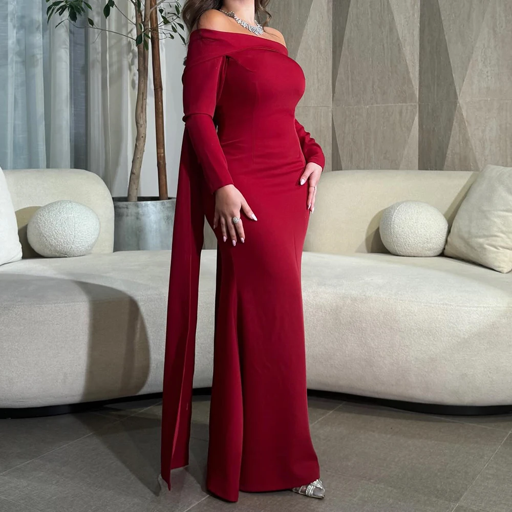 

Customized Classic Ruched Boat Neck Ankle Length Straight Evening Dress Jersey Off the Shoulder Long Sleeves Girdling Vestido De