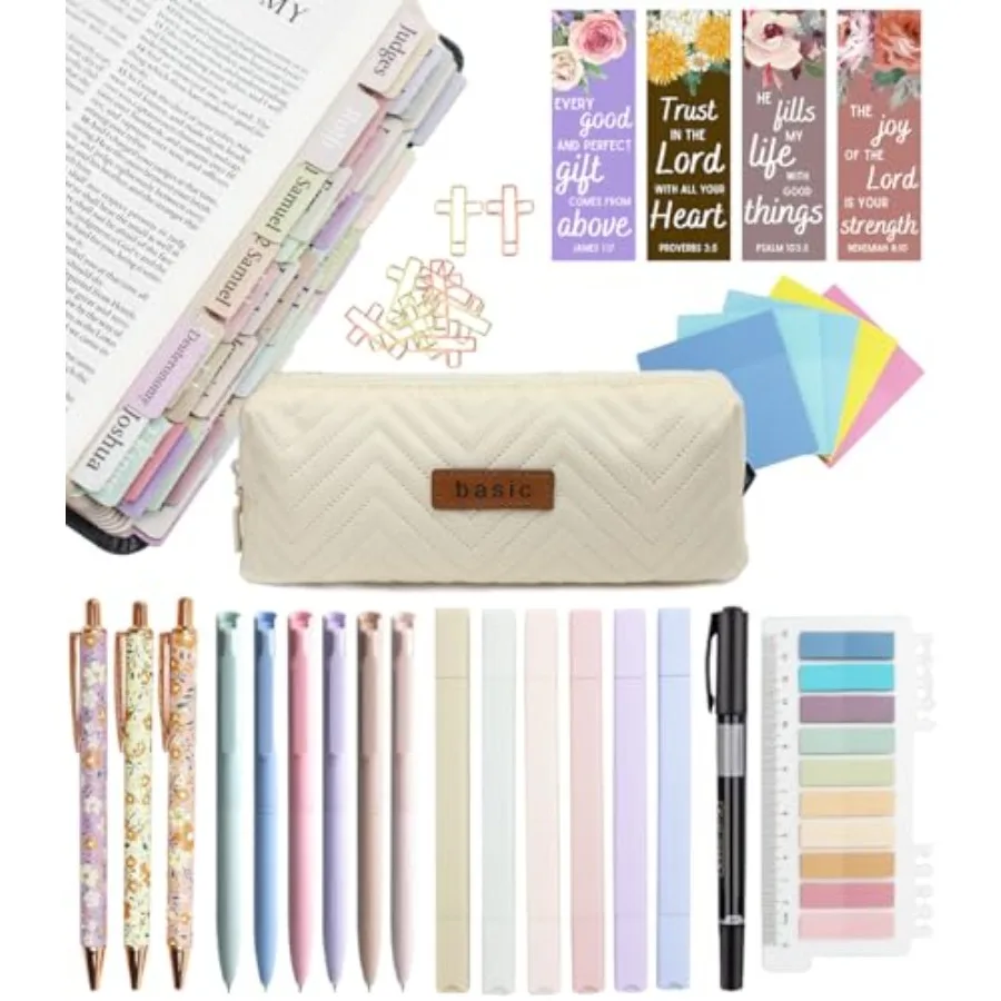 

Bible Study Supplies Journaling Kit with Tabs and Highlighter, Pen Case, Bookmark, Bible Annotation kit, Bible Study Group Esse