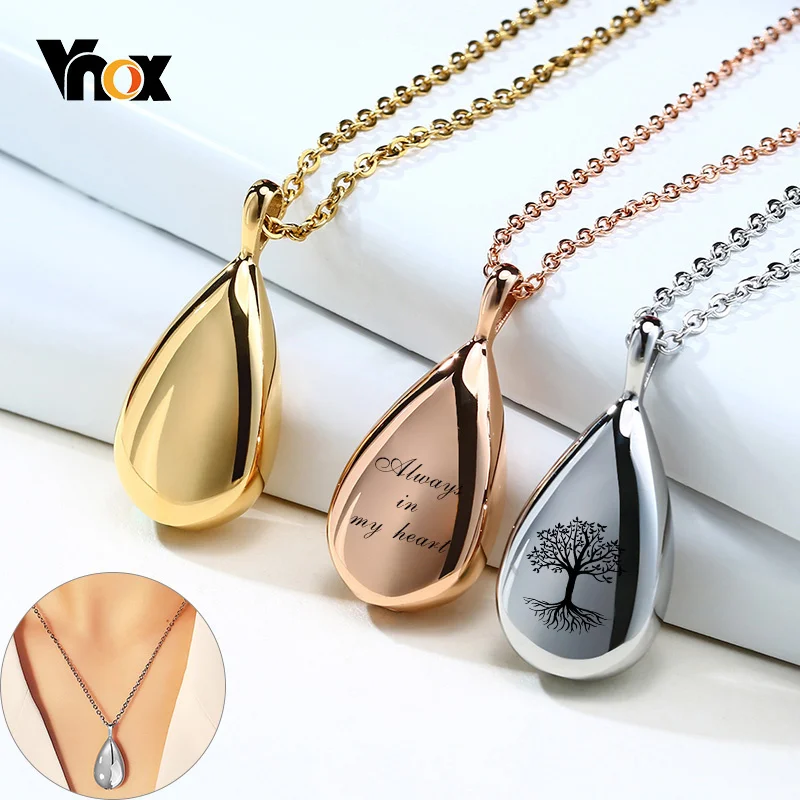 Vnox Classic Waterdrop Pendant for Women Free Personalized Elegant Lady Necklace Openable Cremation Urn Keepsake Jewelry