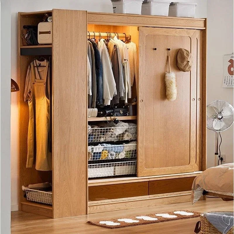 Nordic simple solid wood cherry wood large wardrobe Japanese black walnut sliding door wardrobe bedroom sliding door storage