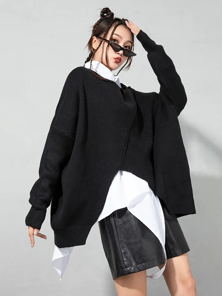 [EAM] Black Irregular Big Size Knitting Sweater Round Neck Long Sleeve Women Pullovers New Fashion Autumn Winter 2024 1DF1913