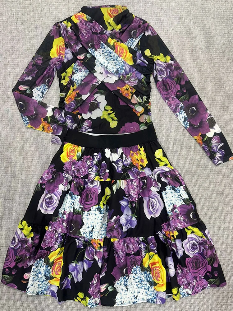 Designer retro geometric print cross pleated knitted mesh pullover two-piece suit 2026 spring women's dress+loose skirt suit