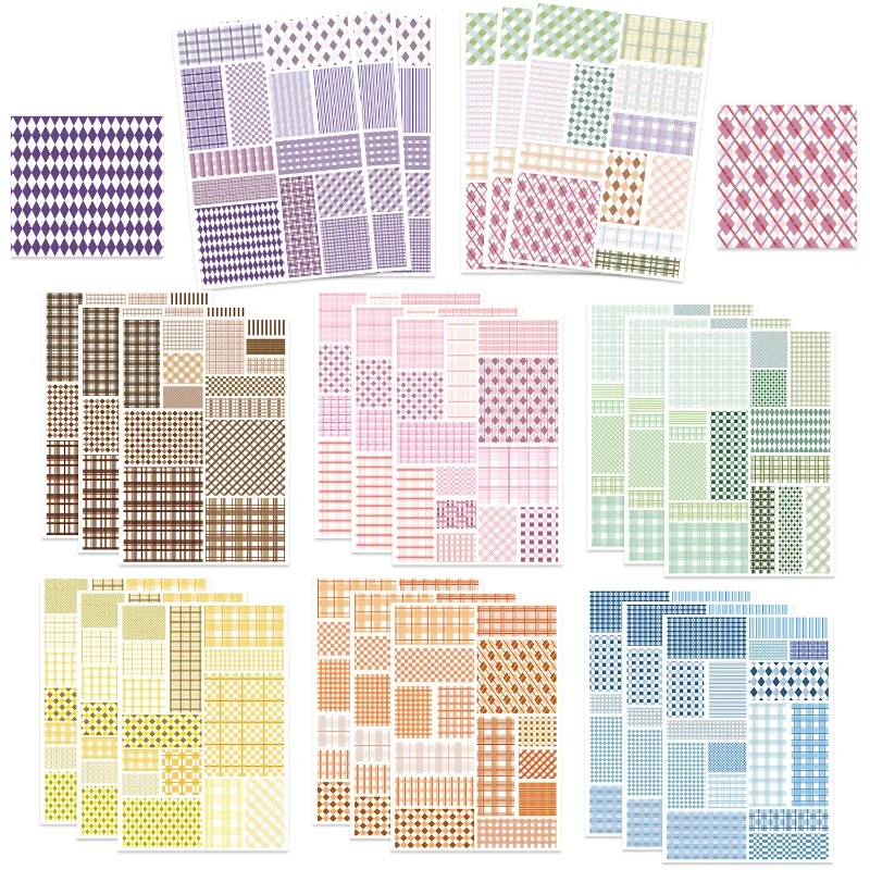 8PCS Grid Material Paper Stickers Waterproof DIY Notebook Phone Case Water Cup Decor Stationery Supplies