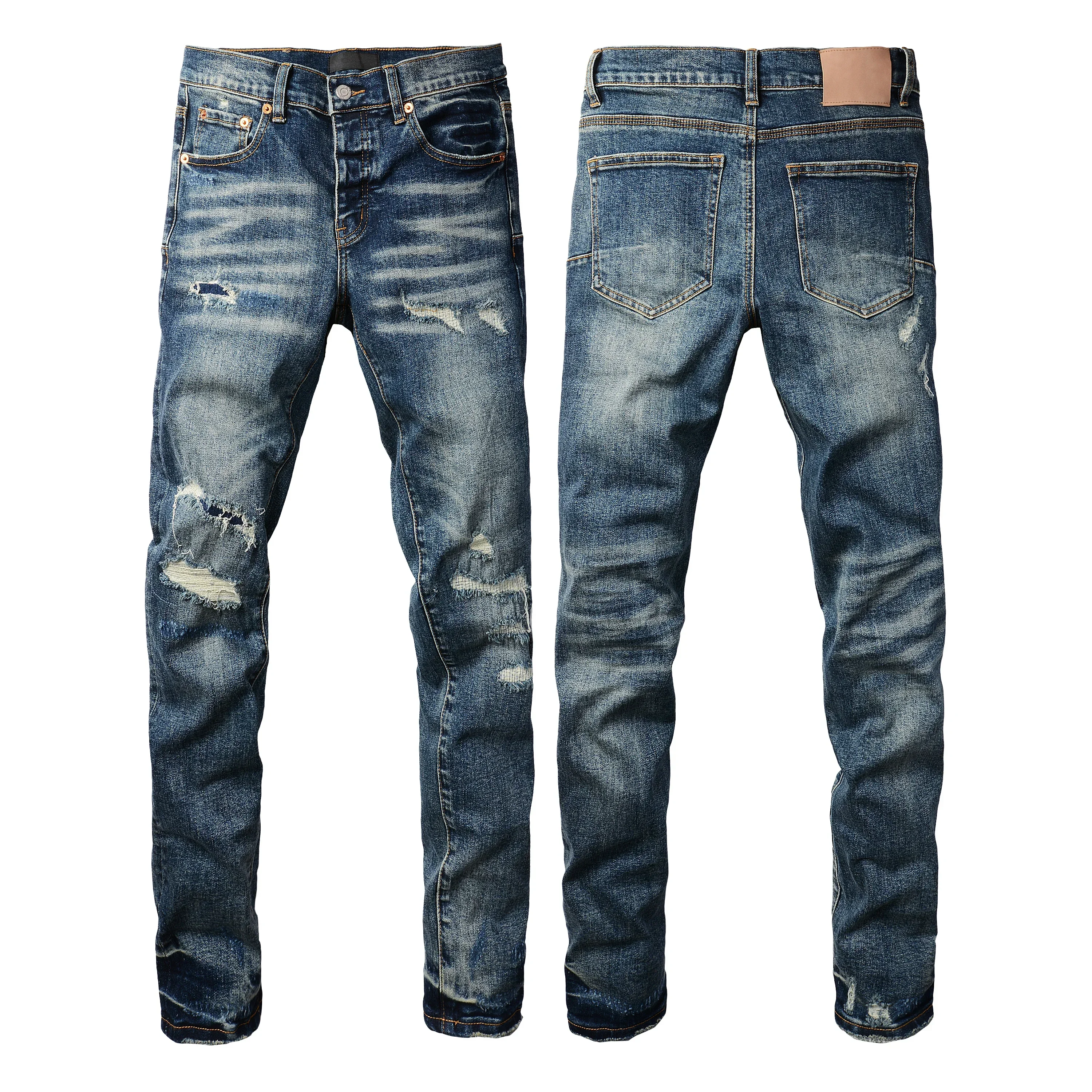 

Men's Purple Classical Blue Distressed American Streetwear High Stretch Skinny Button Fly Ripped Holes Jeans