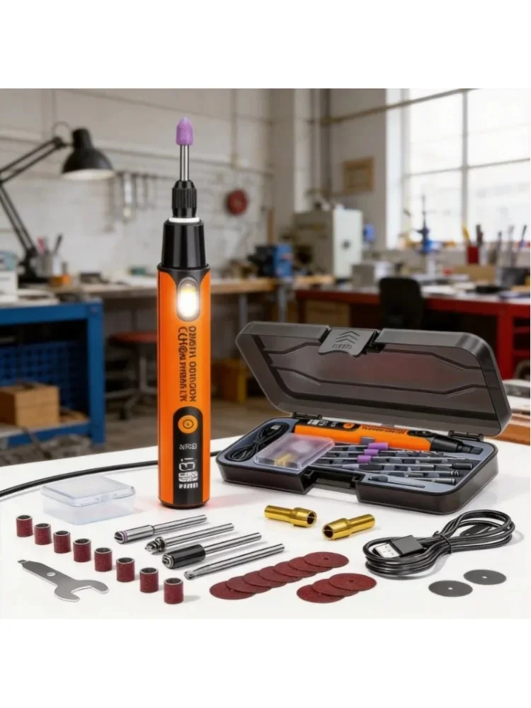 Elektrischer Mini-Schleifstift mit LCD-Display, 6 Einstellbare Geschwindigkeiten, Eingebaute LED-Beleuchtung, Kühllüfter, Multifunktionales Gravur-, Polier- und Fräs-DIY-Werkzeug
