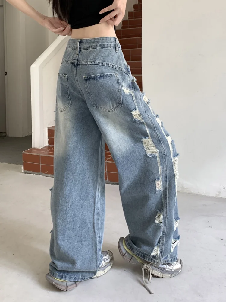 Loose Women's Jeans Denim Long Pants Washed Mid-Waist Micro-Elastic American Retro Hole Wide Leg Summer Trendy