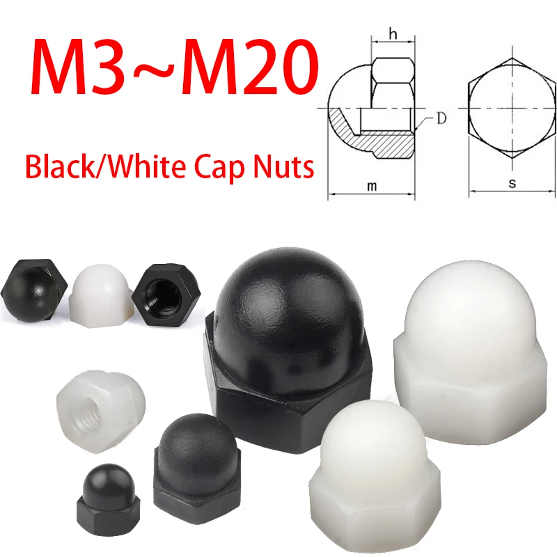 5~100PCS M3 M4 M5 M6 M8 M10 M12 M14 M16 M18 M20 Nylon Acorn Cap Dome Nuts White/ Black Plastic Hexagon Hex Nut