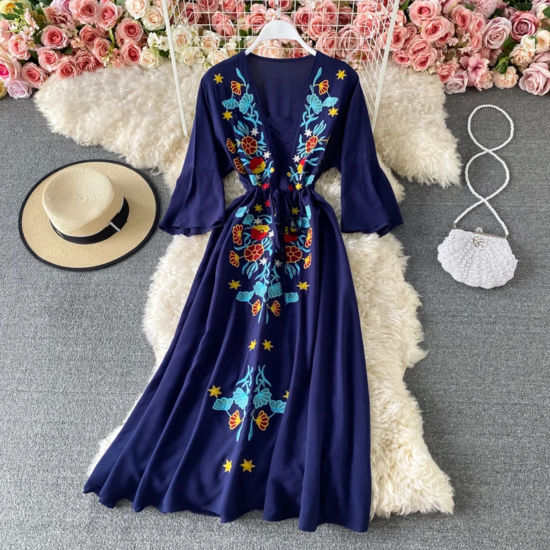 LY VAREY LIN 2022 New Spring Summer Women V-neck Embroidery Midi Dresses Casual Flare Sleeve Bohemian Female Dresses