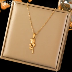 EILIECK 316L Stainless Steel Flower Roses Pendant Necklace For Women Fashion 18K Gold Plated Neck Chain Waterproof Jewelry