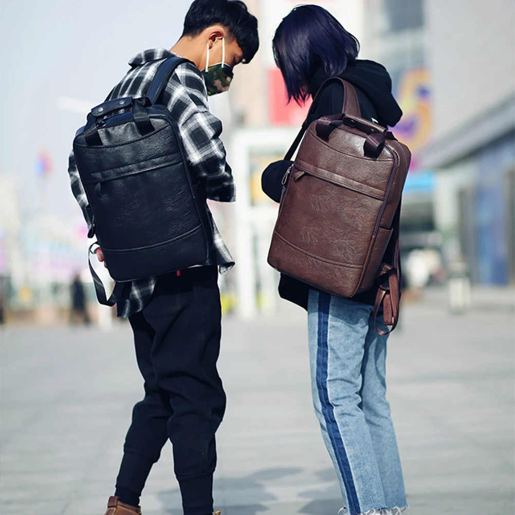 

1PC Backpack Large Capacity PU Computer Bag Travel Backpack Laptop Satchel for Students Men (Black)