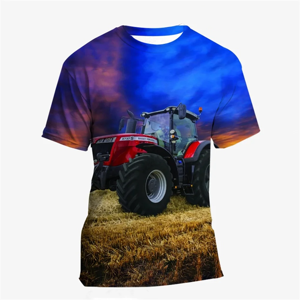 Camiseta de manga corta con estampado de Tractor para niños, ropa de moda con cuello redondo, verano, 2024