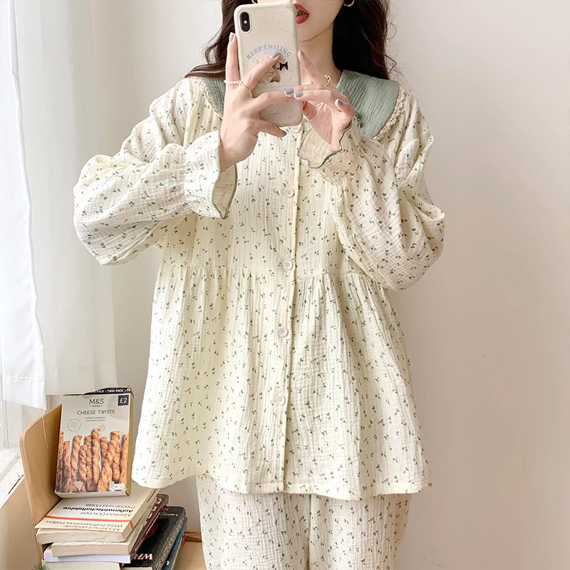 100% Cotton Double Gauze Maternity Nursing Sleepwear Sets Summer Sweet Breastfeeding Pajamas Night Wear Pregnancy Home Hospital