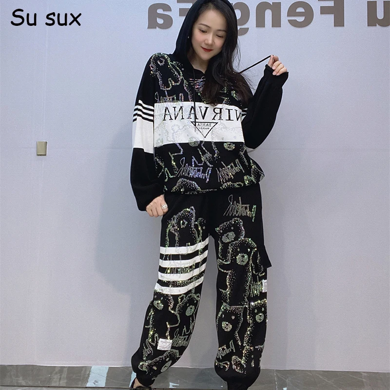 Hoodie Knitted Sweater 2 Piece Sets Women Outfit Y2K Clothes Casual Sequins Bear Striped Oversized Pencil Pants Sets Sportsuit