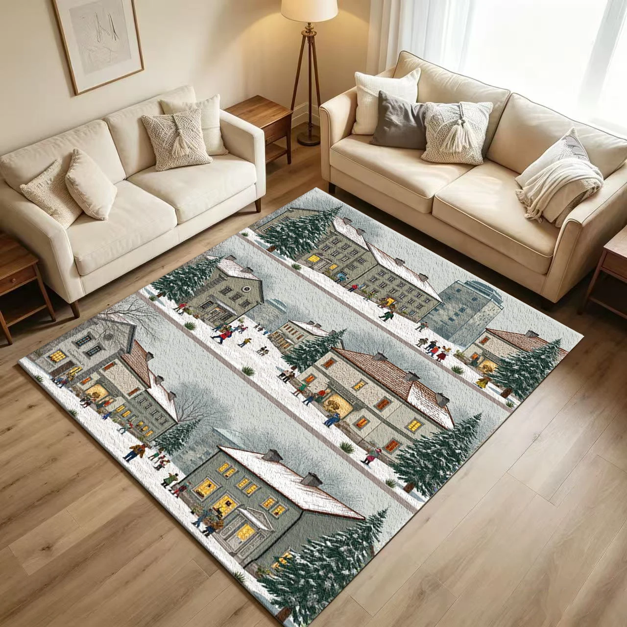 Vintage Winter Town Street Scene Carpet Flooring Retro Snowy Village Printed Floor Rug for Home Indoor Festive Decoration