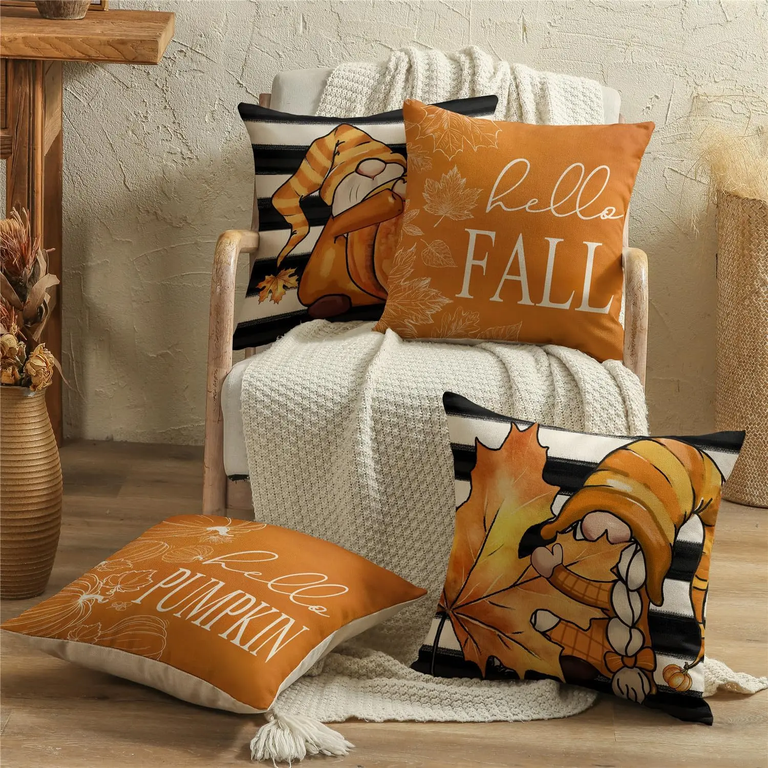Fall Pillow Covers Thanksgiving Farmhouse Decorations Black Striped Maple Leaf Pumpkin Outdoor Fall Decor Throw Covers of 4