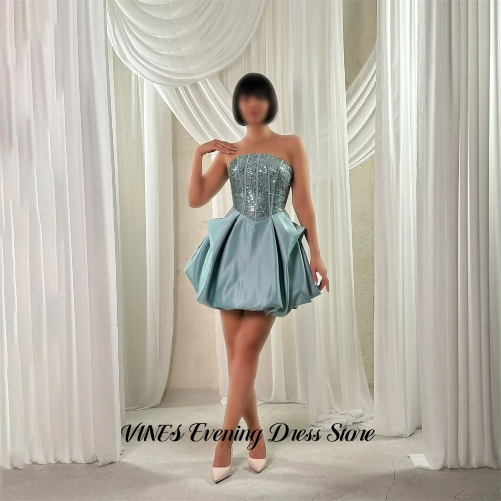 

VINES Mint Blue Mini Evening Dress with Sequined Corset Bodice Gala Dresses A Line Prom Dresses Strapless Party Dress Customized