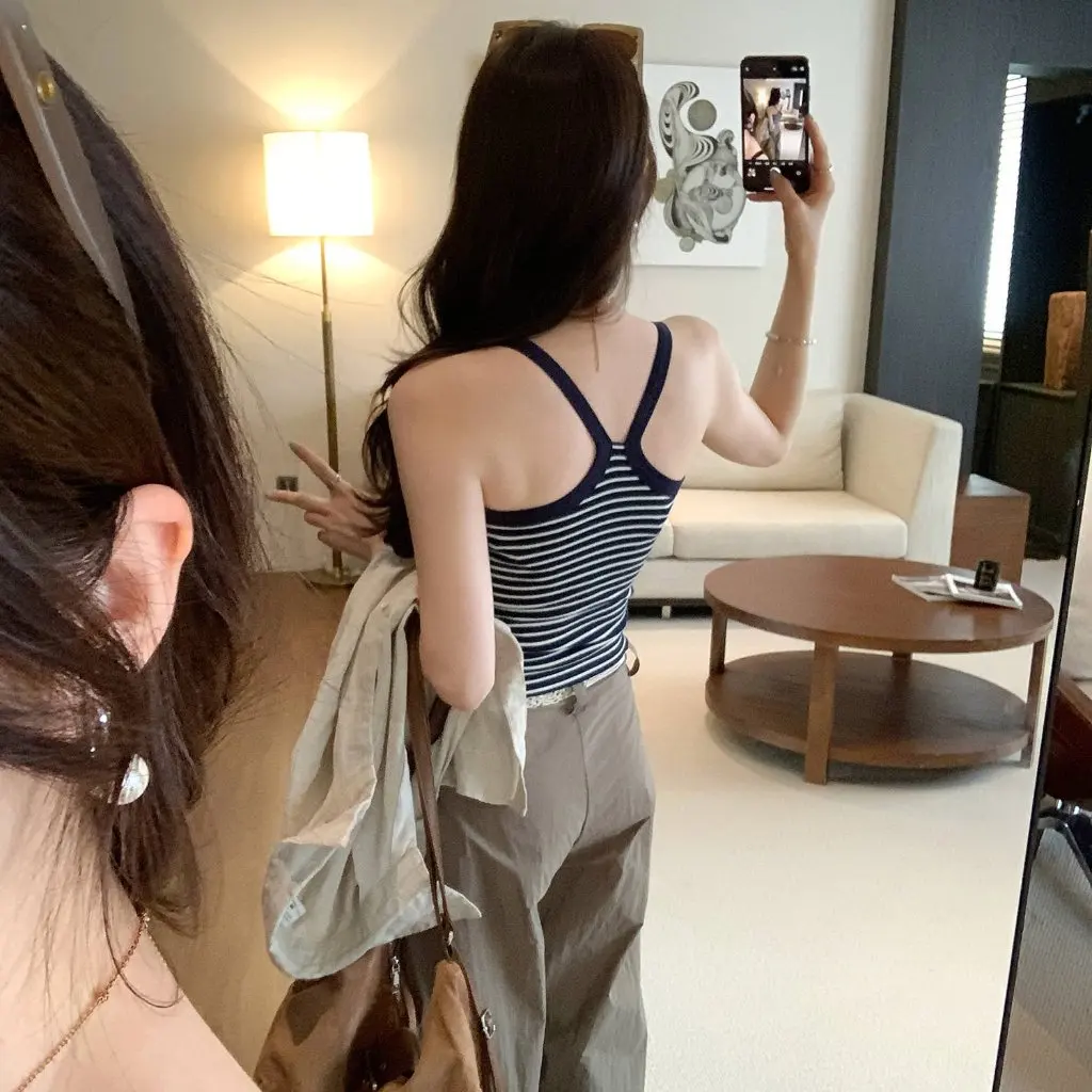 

Women's Black Striped Knitted Camisole Summer Beautiful Backless Outer Top New Design Nice-Looking Sleeveless Vest