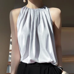 MVLYFLRT Summer New T-shirt Women's Inner Layer Loose Hanging Neck Top Silk Smooth Satin Sleeveless Suspended Tank Top Pullover