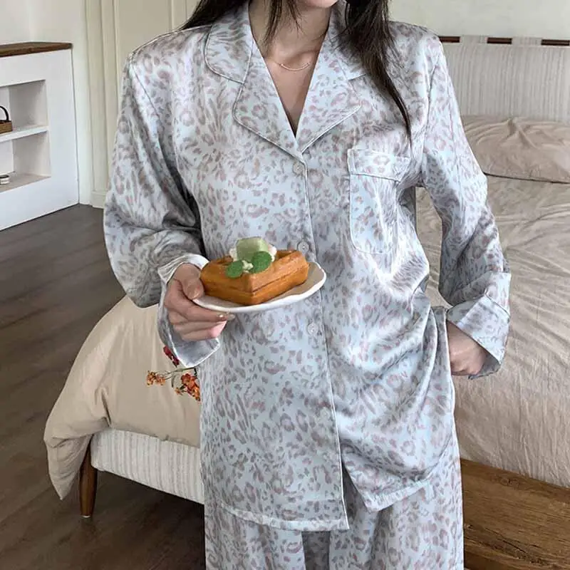 Sexy Leopard Print Women Home Wear Nightwear Long Sleeves Pants Pyjamas Suit Loungewear Chemise Lapel Sleepwear Belt Eye Mask