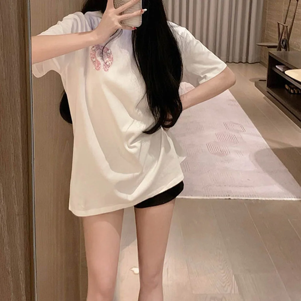

Hello Kitty Large Size Diamond Women's T-Shirt, Y2K Cartoon Extra Short Sleeve T-Shirt, Print Pink Sparkling Pattern Casual Tops