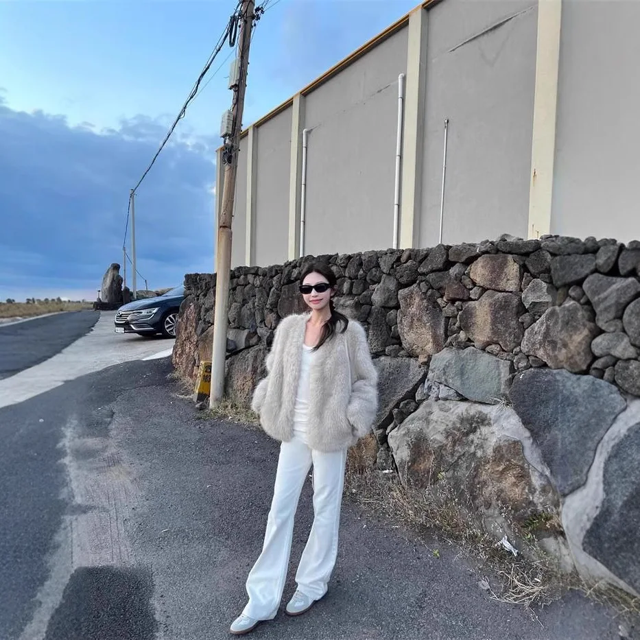 Short Coat Women Faux Fur Fox Coats Full Sleeve Thick Warm Work Y2k Streetwear Elegant Overcoat Outerwear Autumn Winter 2025