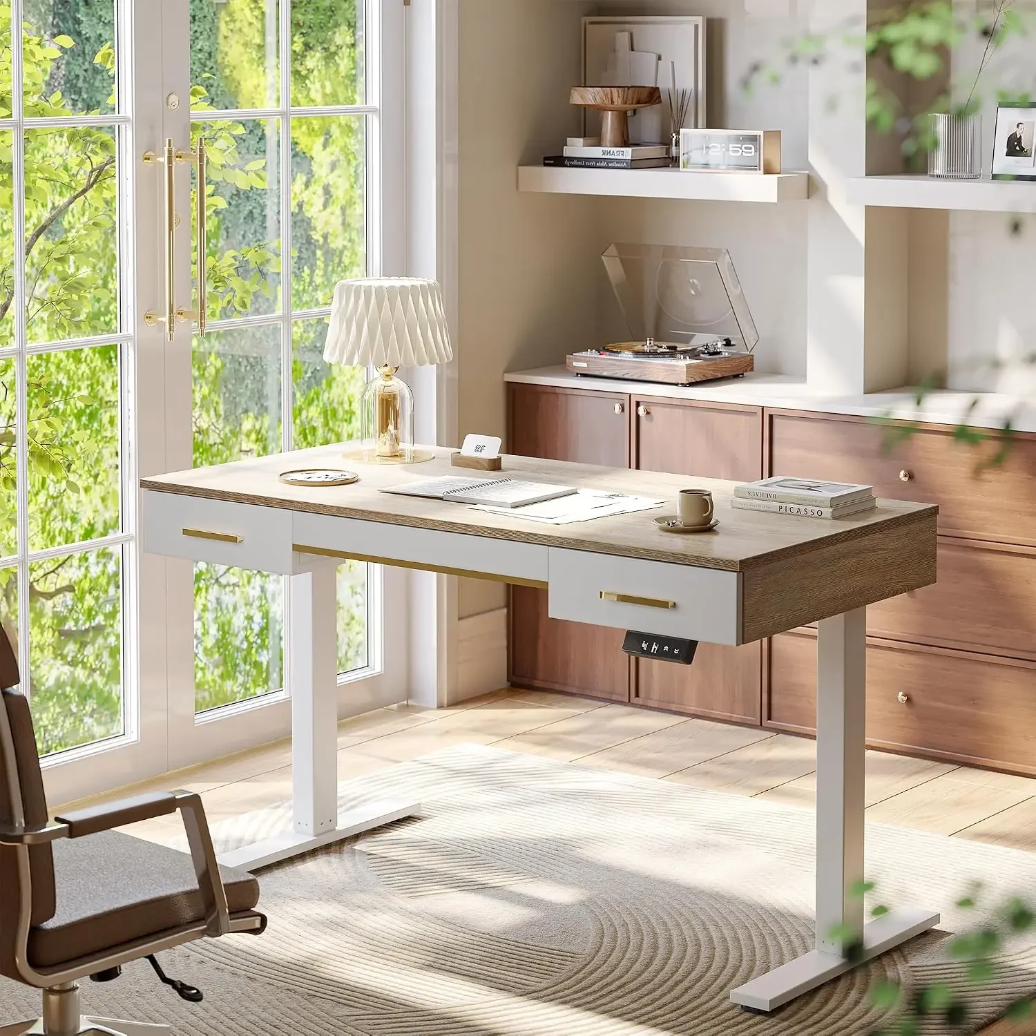 One-Piece Top Electric Standing Desk, 47 x 24 Inch Height Adjustable Sit Stand Desk with Three Drawers for Home Office, Maple