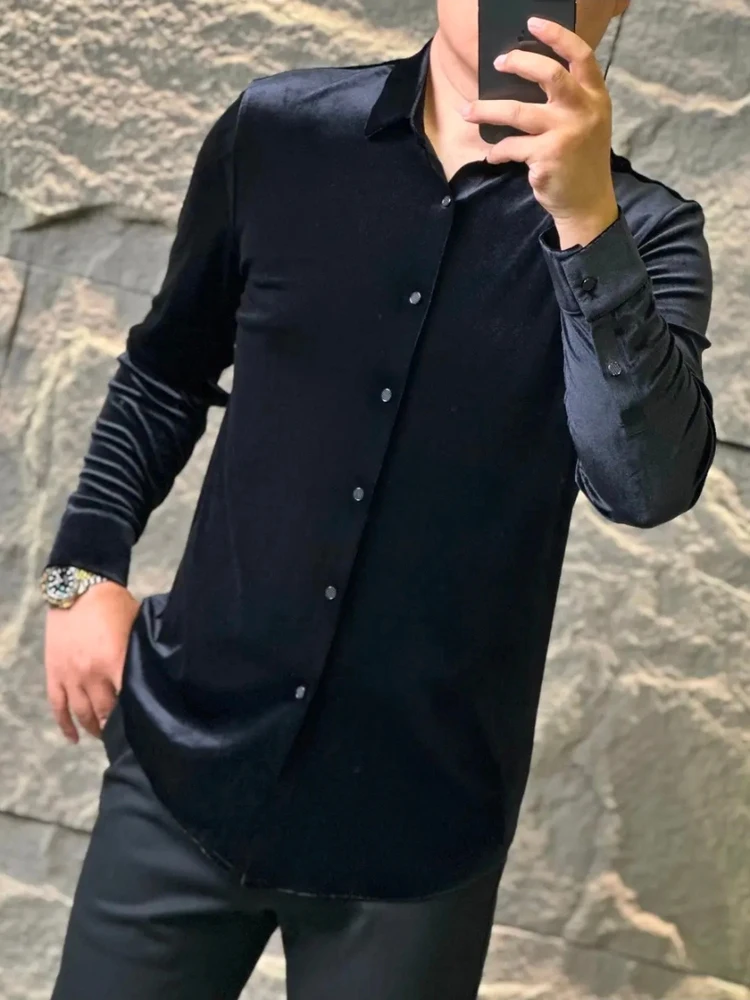 

High Quali Men's Velvet irt Faionable Luxury Stand Fit Long Sve Busin Casual Autumn Winter New Arrival