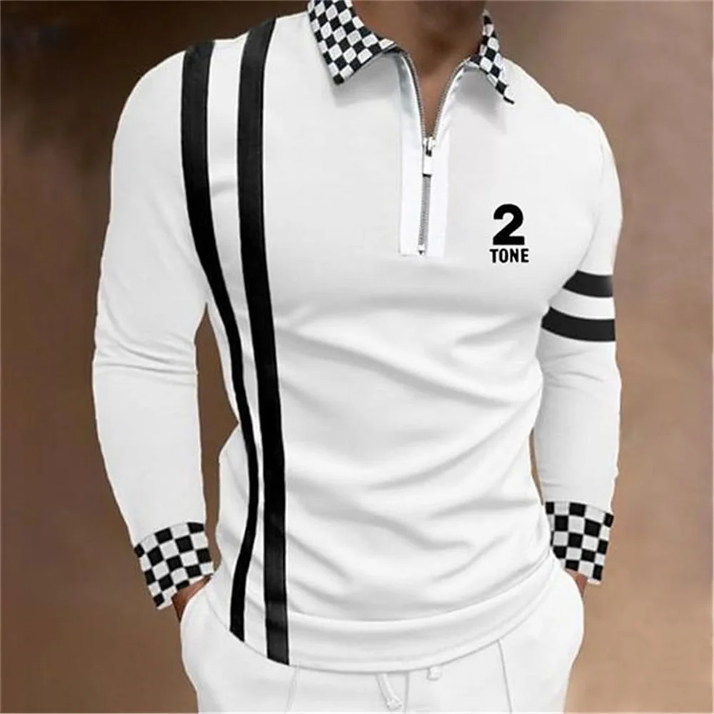 Splice The Checkerboard Numbers Print Men Long Sleeve Casual Zipper Polo Shirt Men Men Golf Polo Shirt Fashion Clothing Tee Tops