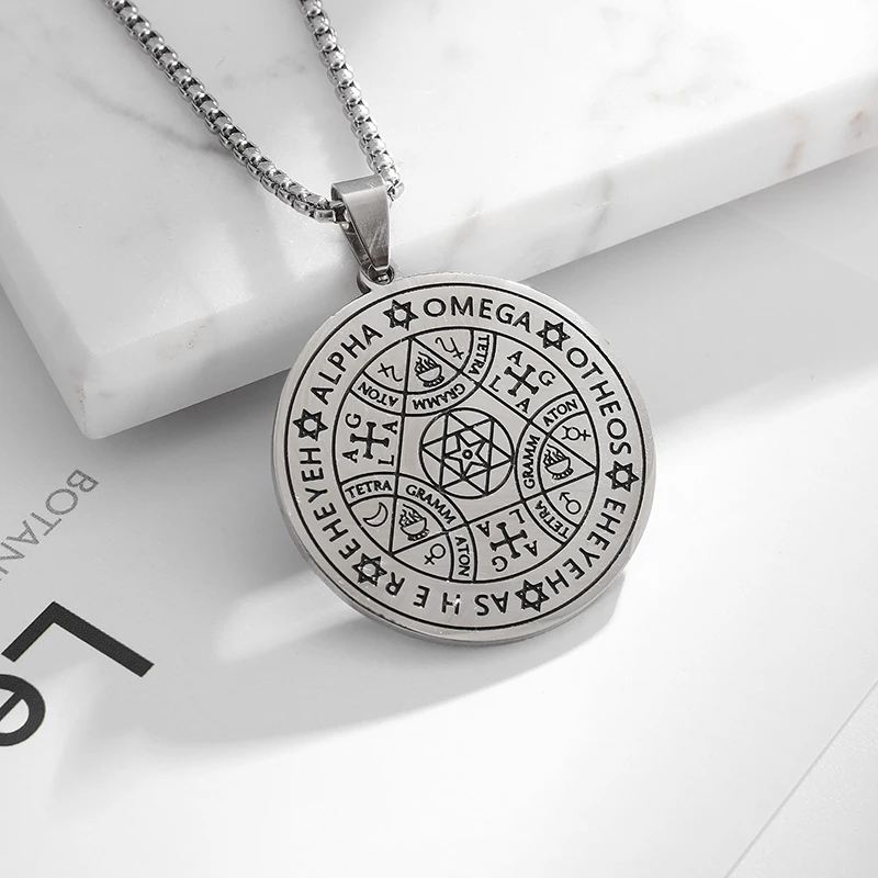 Stainless Steel Hebrew Four Letters Wheel of Fortune Protective Seal Agla Necklace Star of David Jewish Jewelry for Men