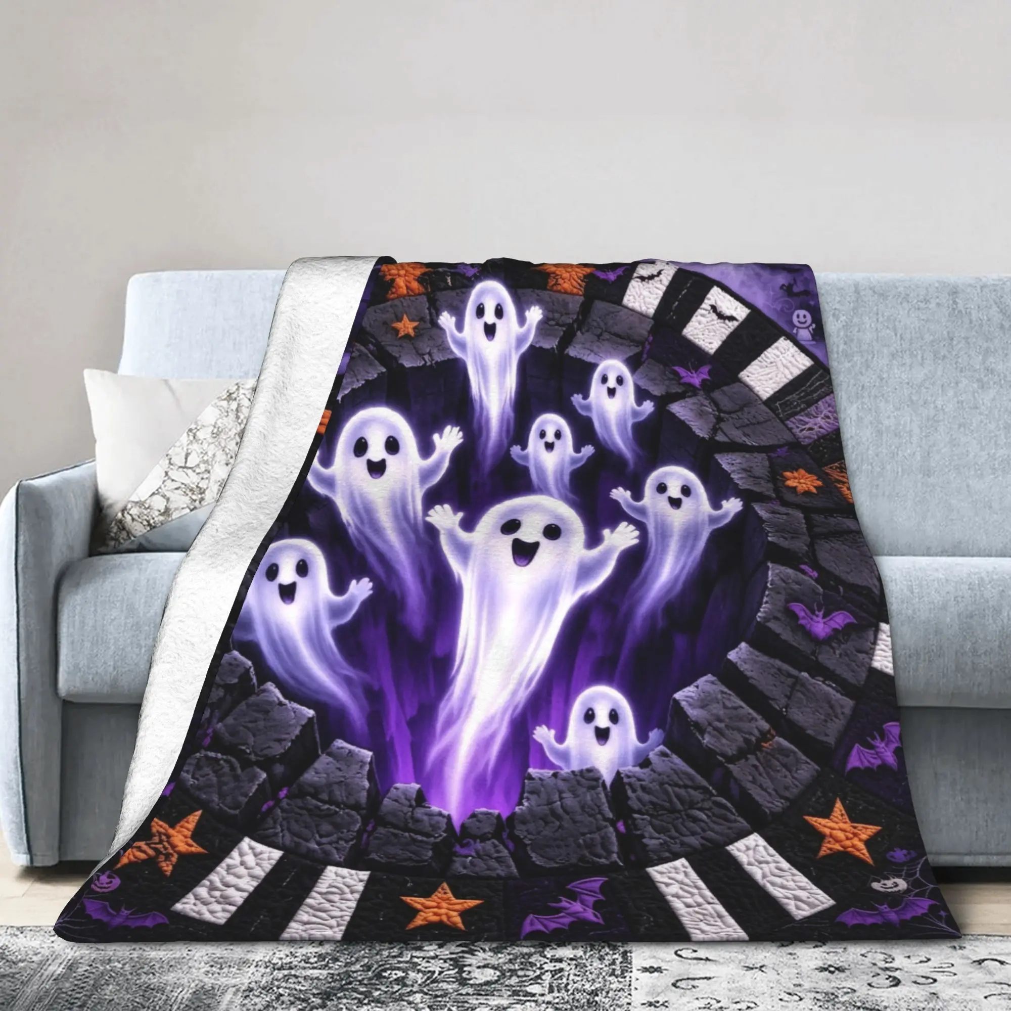 3D Illusion Halloween Wool Blanket Spooky Ghost Funny Throw Blankets for Bed Sofa Couch 150*125cm Plush Thin Quilt